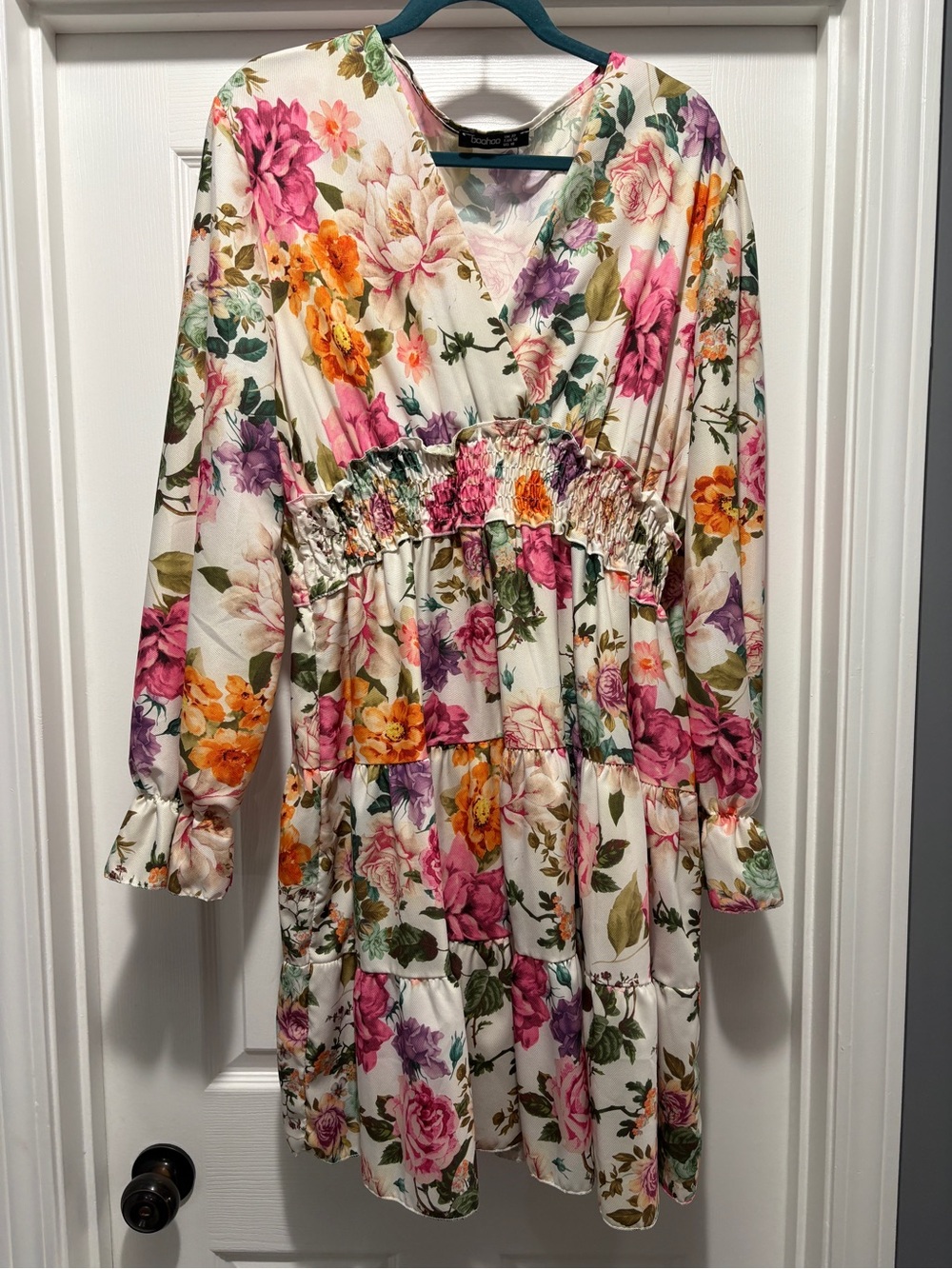 Boohoo White Floral Smocked Waist Long Sleeve Dress